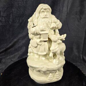 Santa And Reindeer Music Box Cream Gold Accents Works Plays "White Christmas"